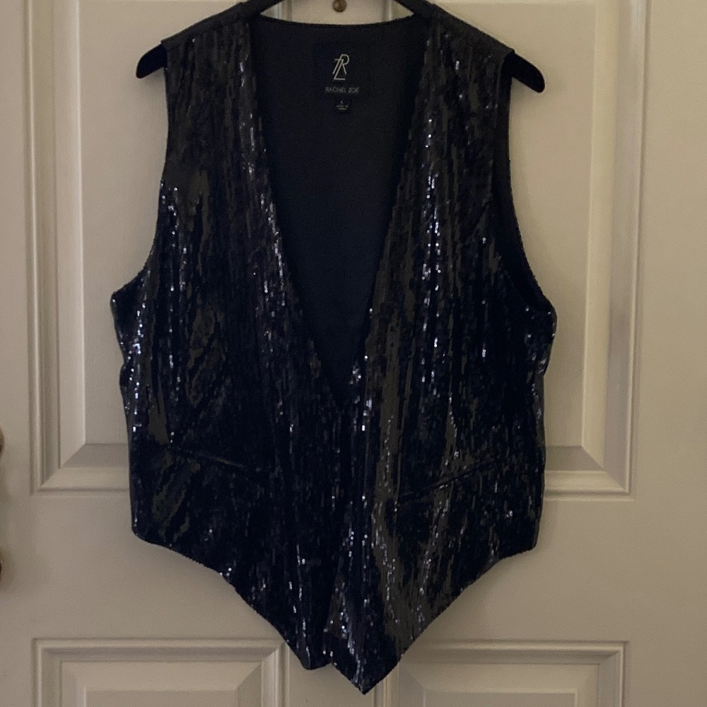 Rachel Zoe Black Sequin Vest/Front Pockets/Belt Detail/Size Large/NEW/NEVER WORN